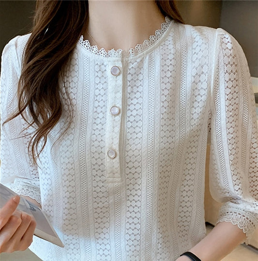 Women's Slim And Western Style Three-quarter Sleeve White Lace Top