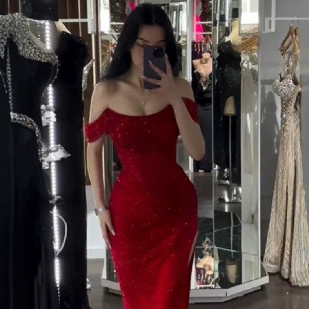Women's Red Shiny High Slit Dress S-XXL