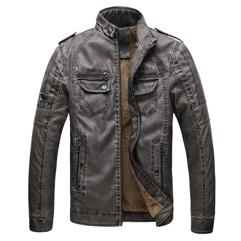 Men's Cowhide Leather Jacket with Velvet Lining Retro Washed Style