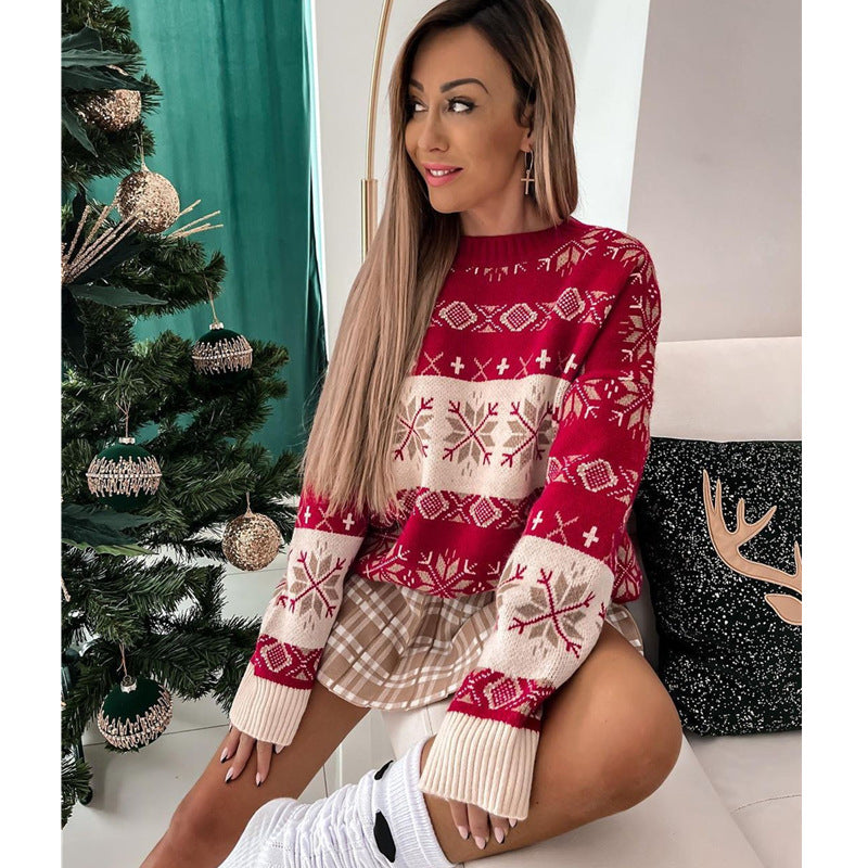 Pull Femme Jacquard Rouge Ample Col Rond Manches Longues