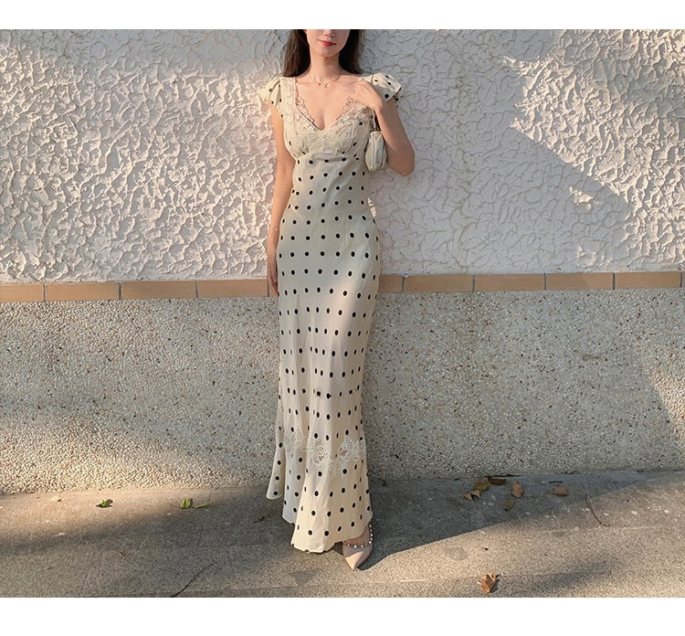 Women's Lace V-Neck High Waist Polka Dot Dress S-XL