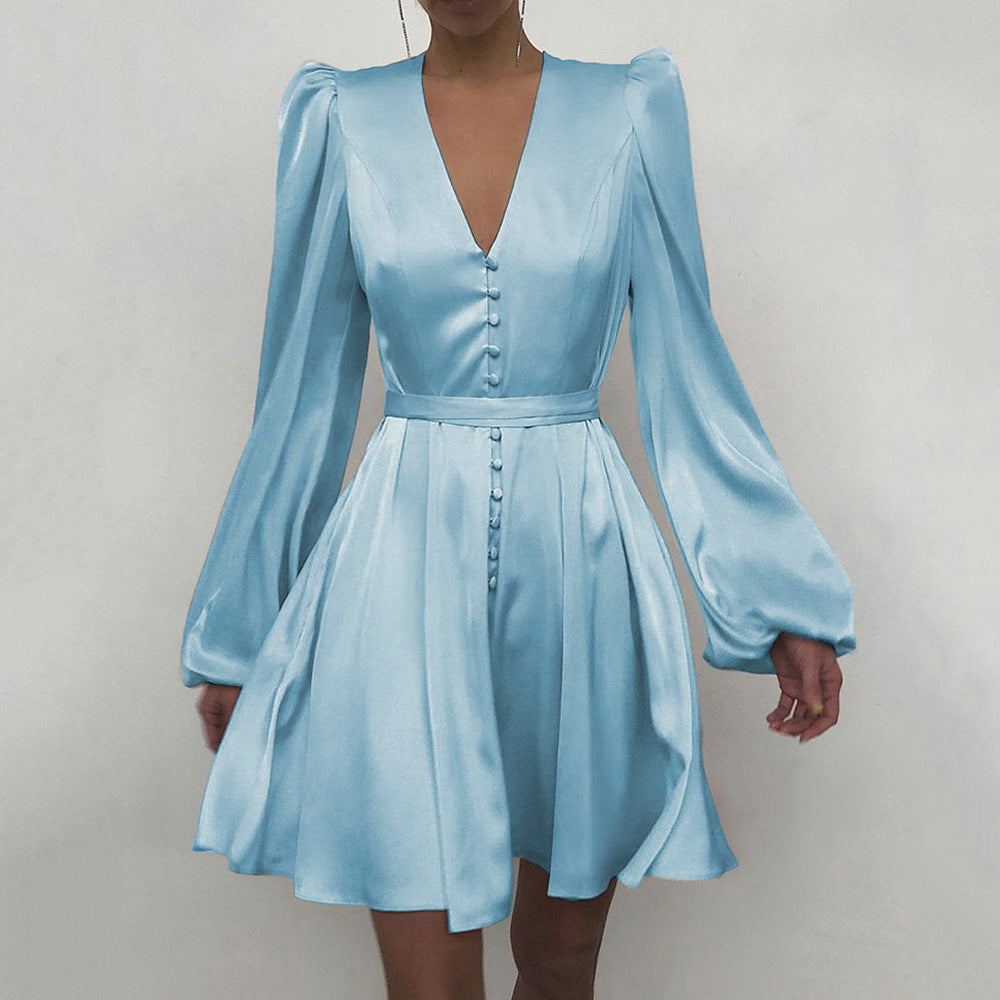 Spring Satin Satin V Neck Temperament Slim Dress