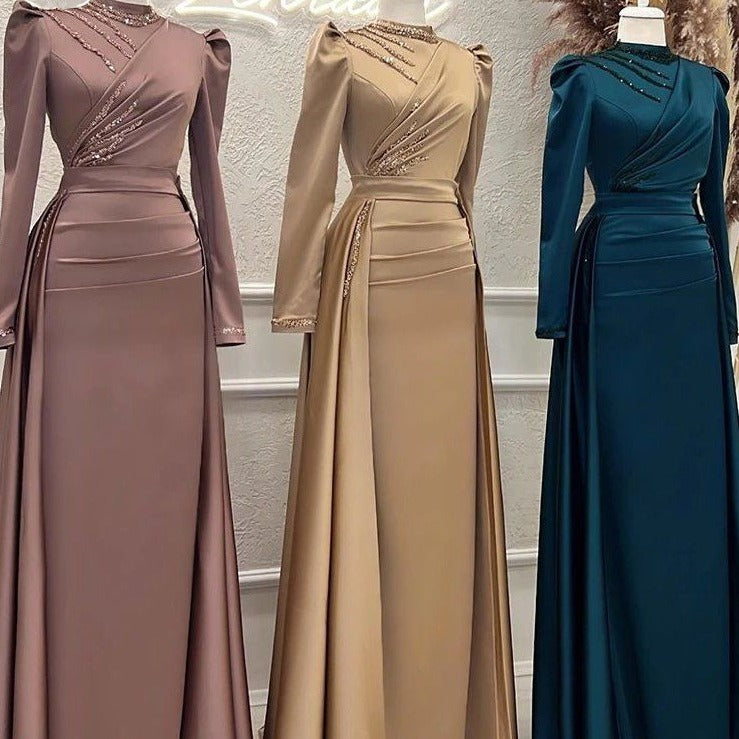 Muslim Stand Collar Detachable Long Sleeve Evening Dress