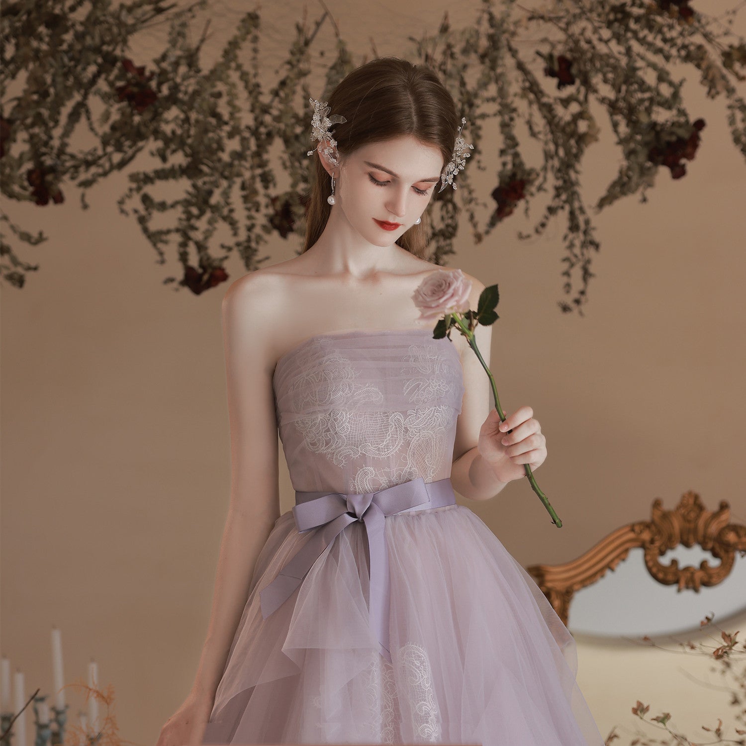 Robe longue bustier violette en polyester pour femme