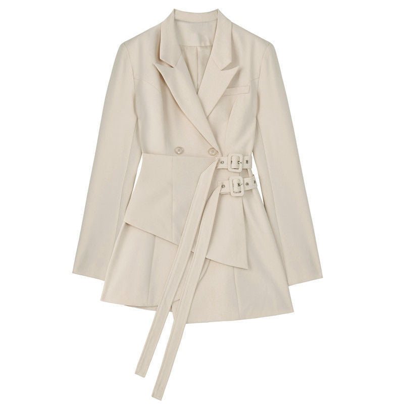 Women's Apricot Black Girdle Design Double-Breasted Blazer