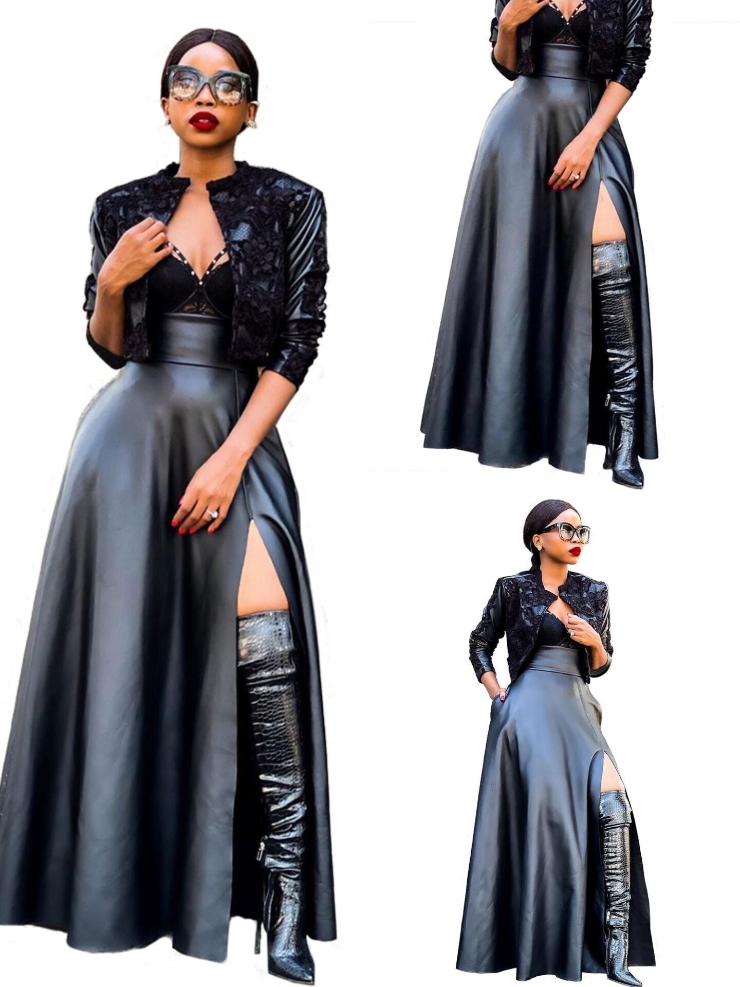 Women's High Waist Irregular Split PU Leather Skirt