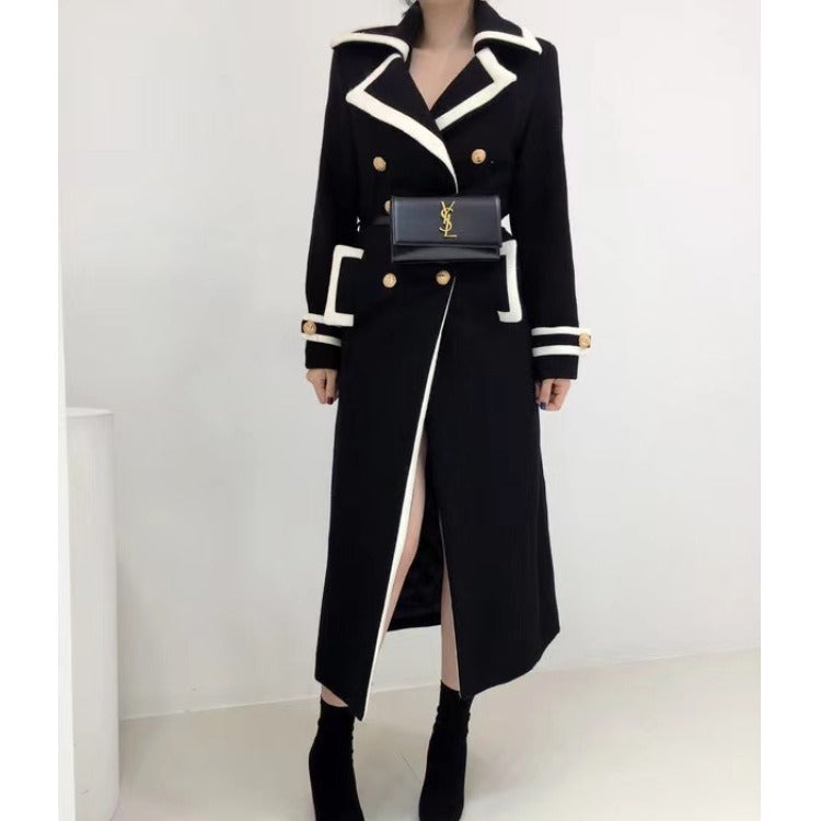 Slim Black Woolen Overcoat Medium Long Double Breasted
