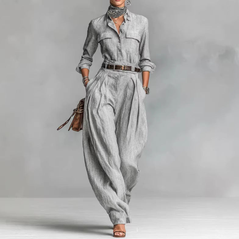 Ensemble Femme Chemise Grise Manches Longues & Pantalon Large