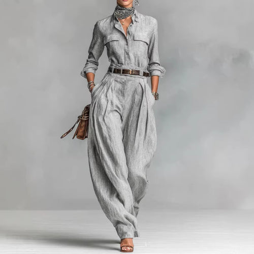 Gray Long-Sleeve Shirt & Wide-Leg Trousers Set for Women
