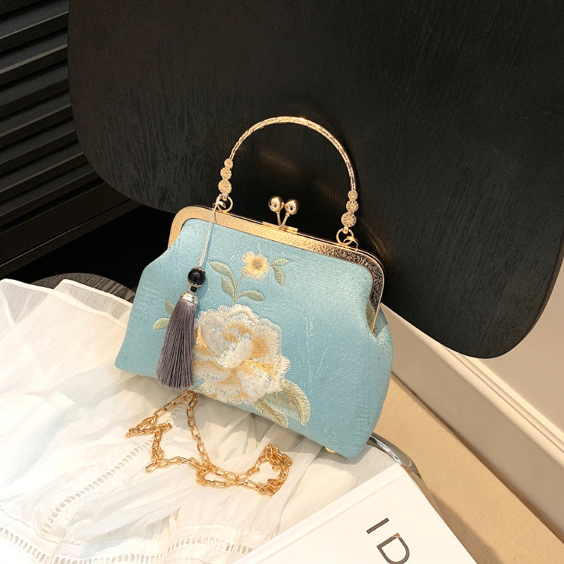 Embroidered Silk Crossbody Bag for Women – White & Blue, 23x15x8cm