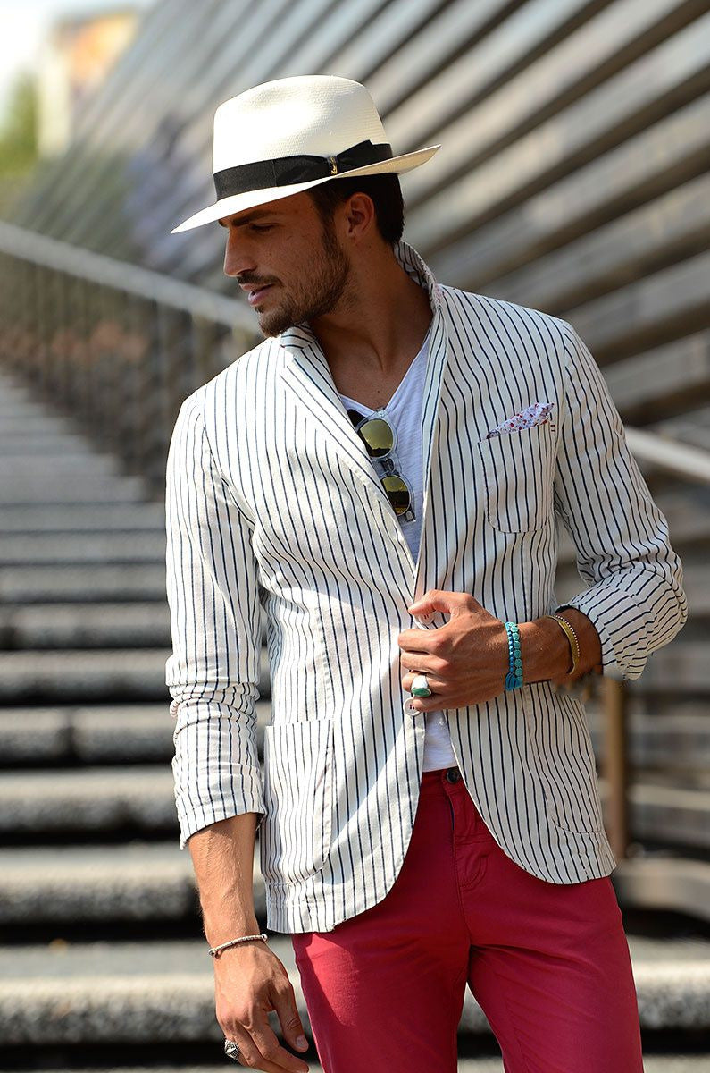 Veste de costume décontractée ample rayée et fine en coton et lin pour homme
