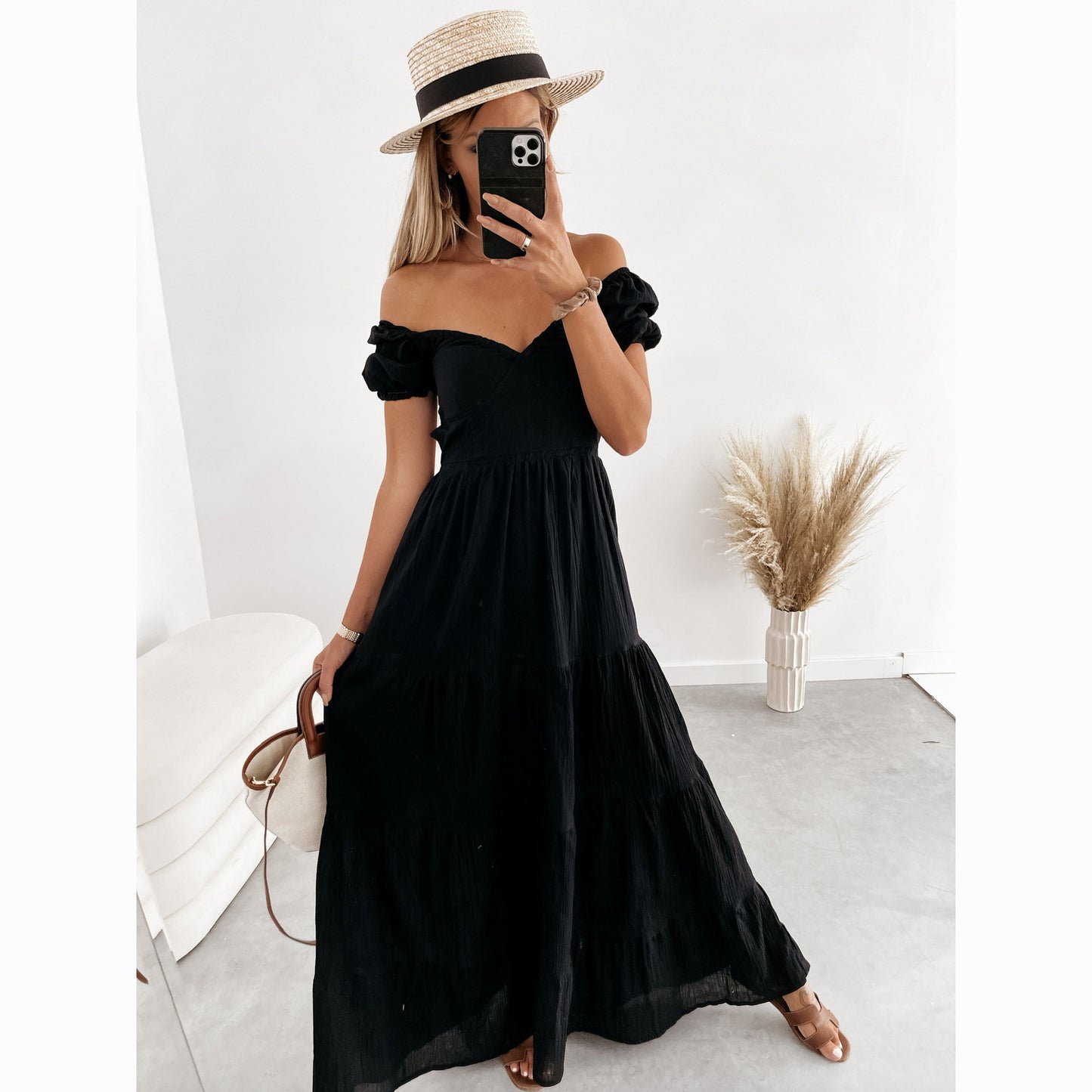 Short Sleeve Solid Color Lace-up High Waist Dress
