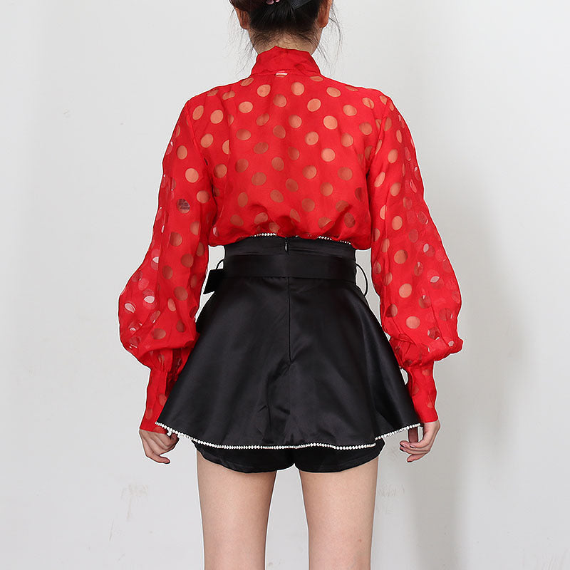 Women's Design Sense Lantern Sleeve Polka Dot Long Sleeve Shirt