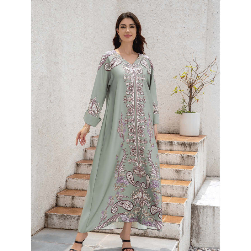 Robe imprimée à col en V et manches longues en polyester argenté pour femmes musulmanes avec perles chaudes