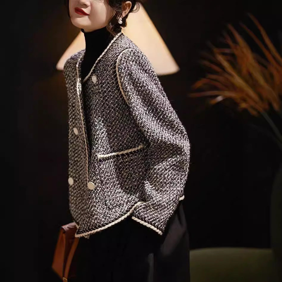 Double Breasted Tweed Western Style Short Coat for Women, Black & White, S-2XL