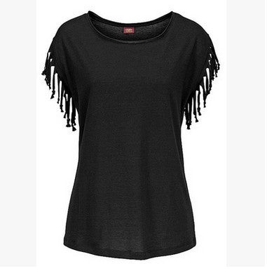 Ladies Big Size Round Neck Short Sleeve Tassel Cotton T-Shirt for US & Europe