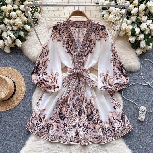 Dress Female Lantern Sleeve Waist Trimming Printing