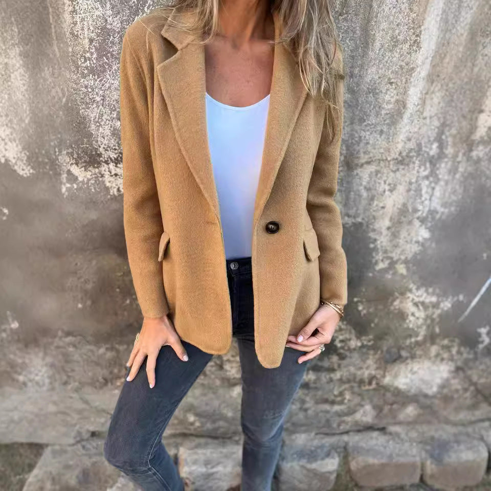 Women's Short Button Lapel Woolen Blazer Winter Commuter Jacket