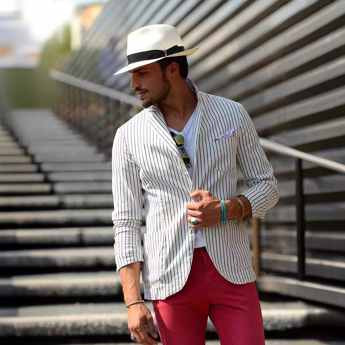 Veste de costume décontractée ample rayée et fine en coton et lin pour homme
