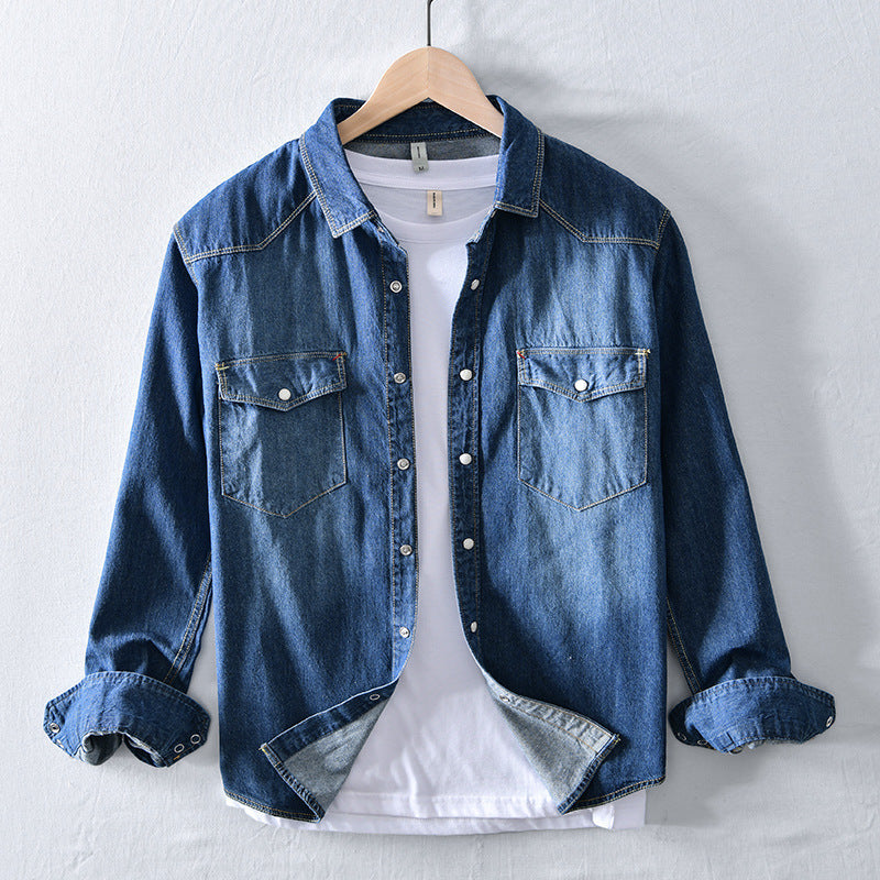 Men's Long-Sleeve Denim Shirt in Light Blue & Blue Cotton