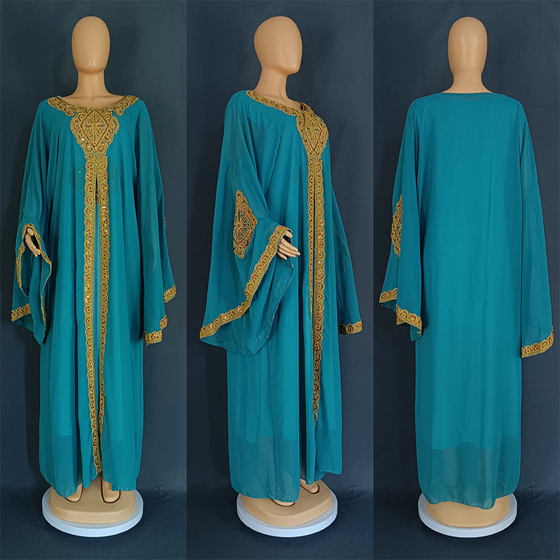Bell Sleeve Embroidered Gold Lace Arabian Gulf Dress