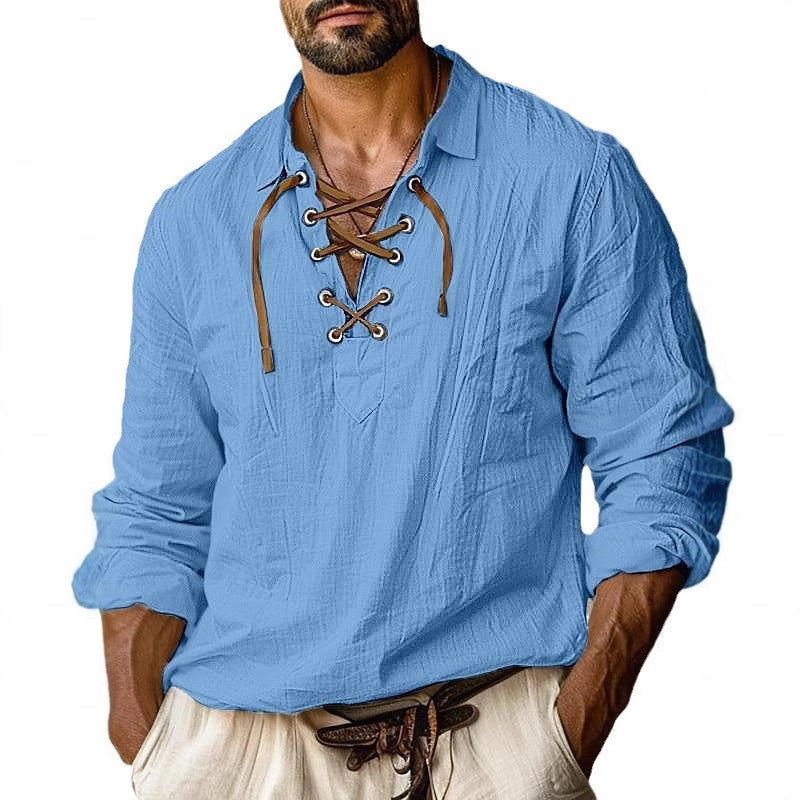 Men's Plus Size Loose Linen Long Sleeve Solid Color Shirt with Lapels