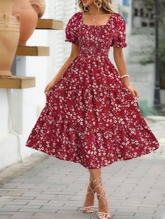 Robe Étagée Imprimé Floral Col Carré Manches Bouffantes