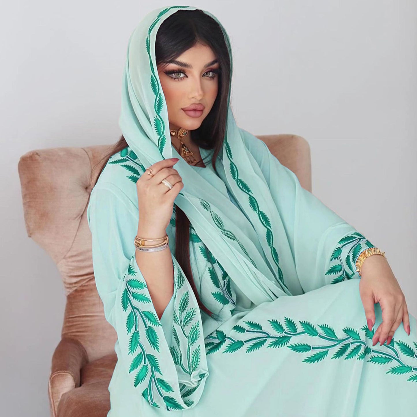 Chiffon Long Islamic Embroidered Crew Neck Dress With Headscarf