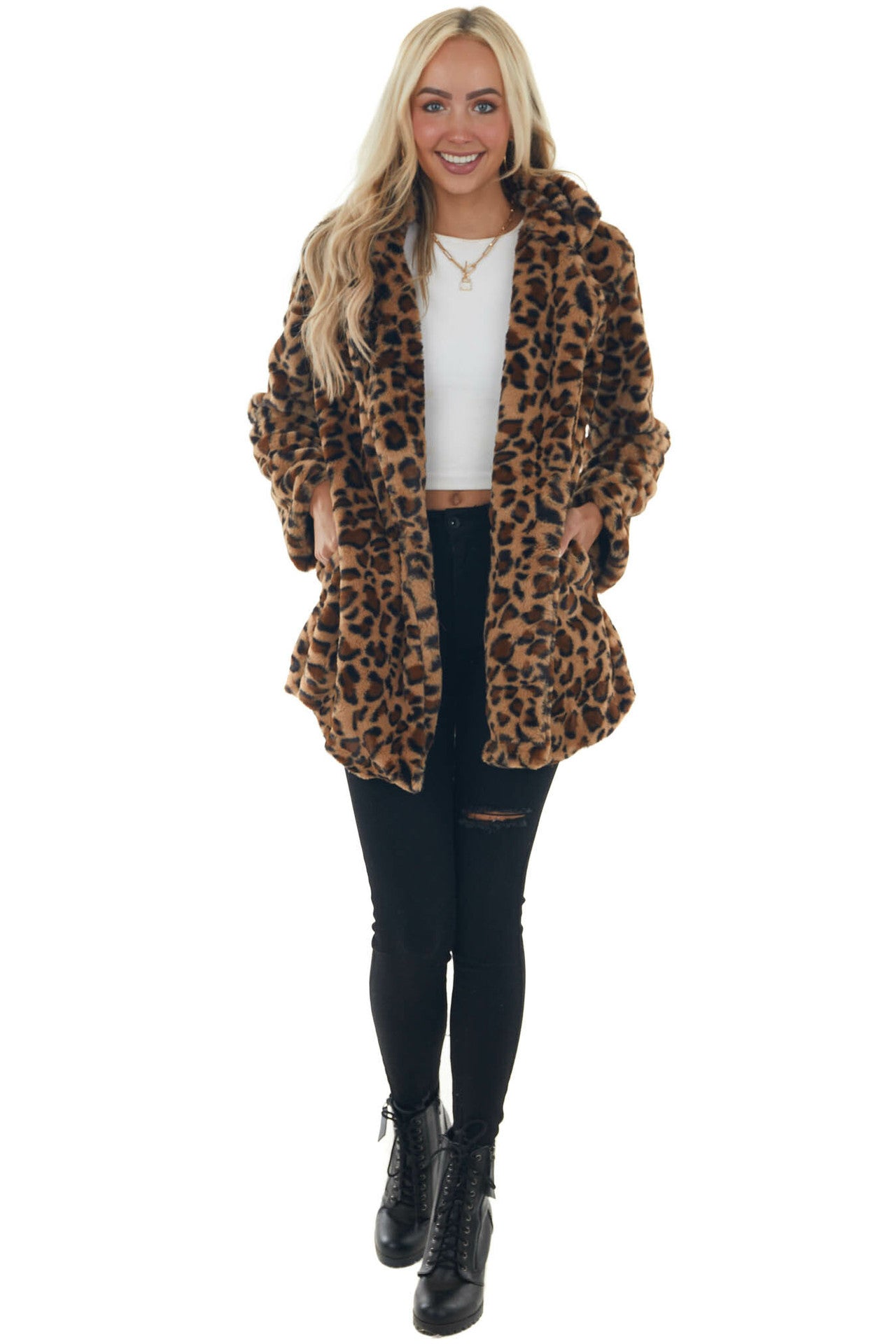 Leopard Print Loose Mink Coat with Pockets