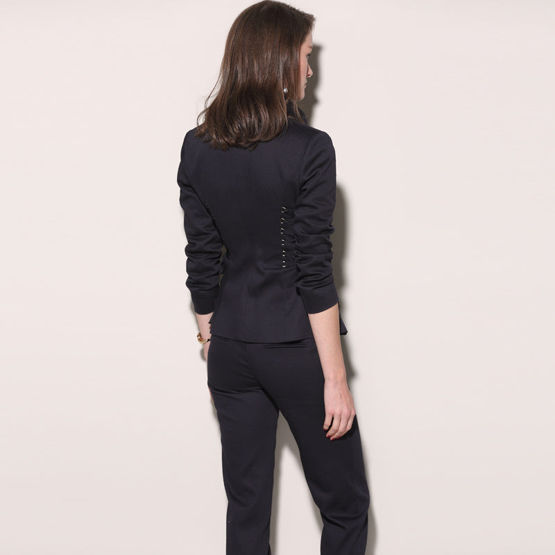 Tailleur de costume d'affaires en coton bleu marine ajusté pour femme