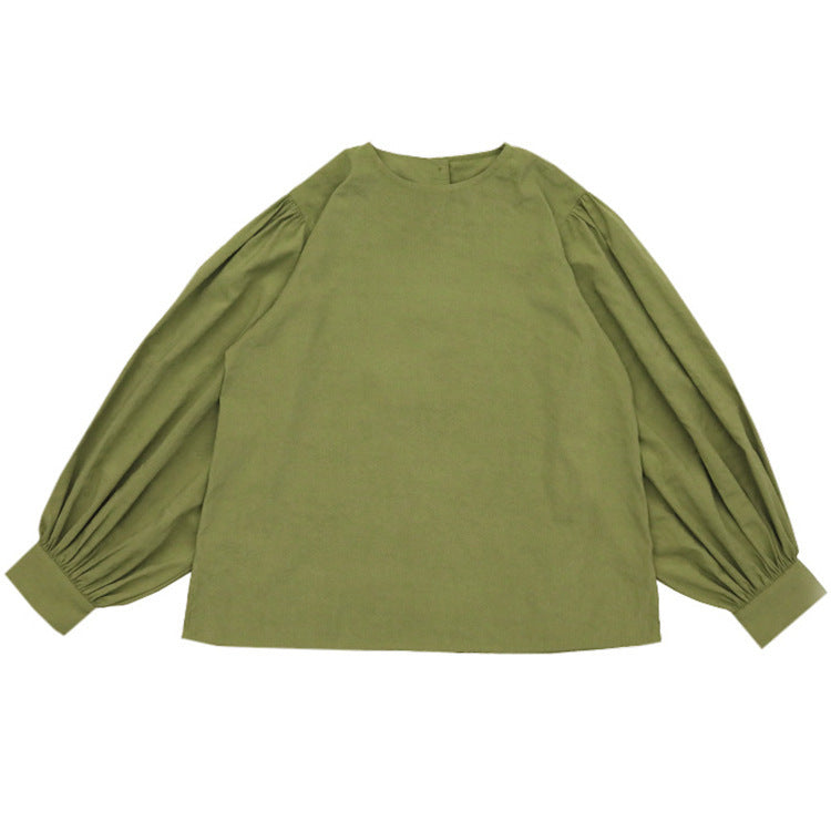 Women's Autumn Cotton Crew Neck Lantern Sleeve Shirt
