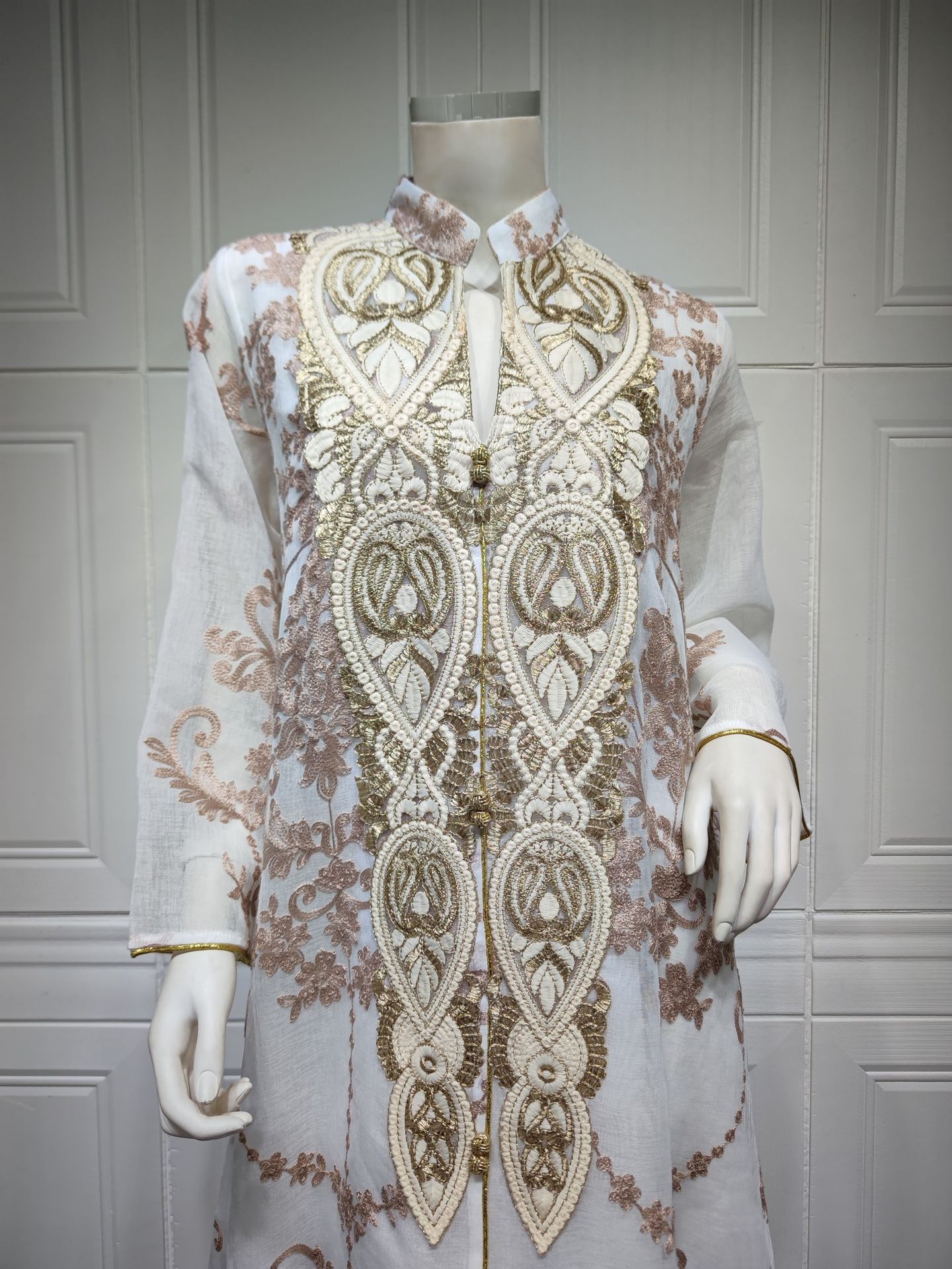 Arabian Women's Casual Embroidered Dress in White, Blue & Apricot