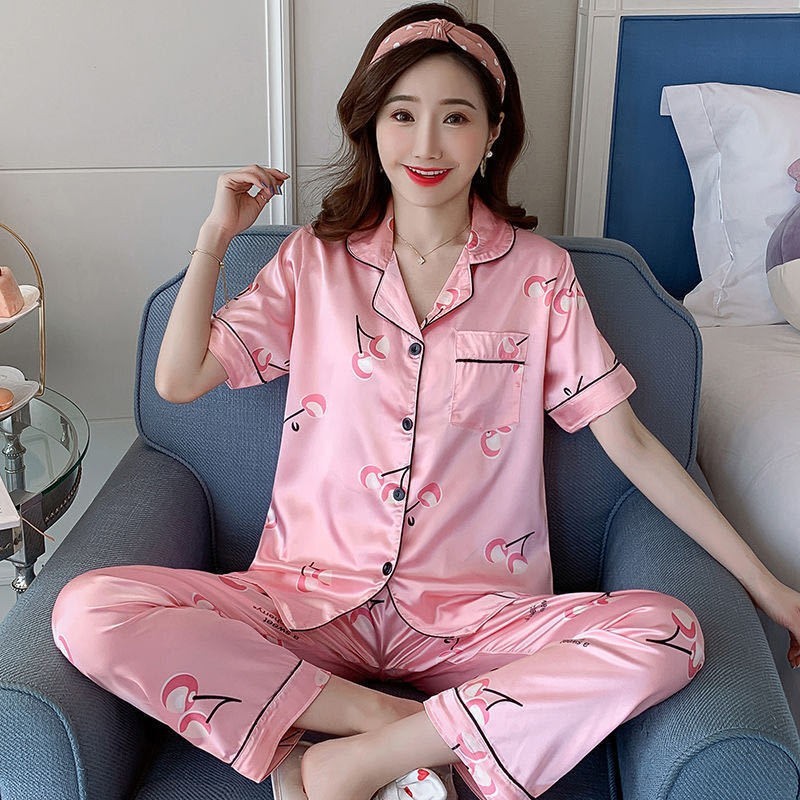 Plus Size Soft Silk Printed Short Sleeve Summer Pajamas
