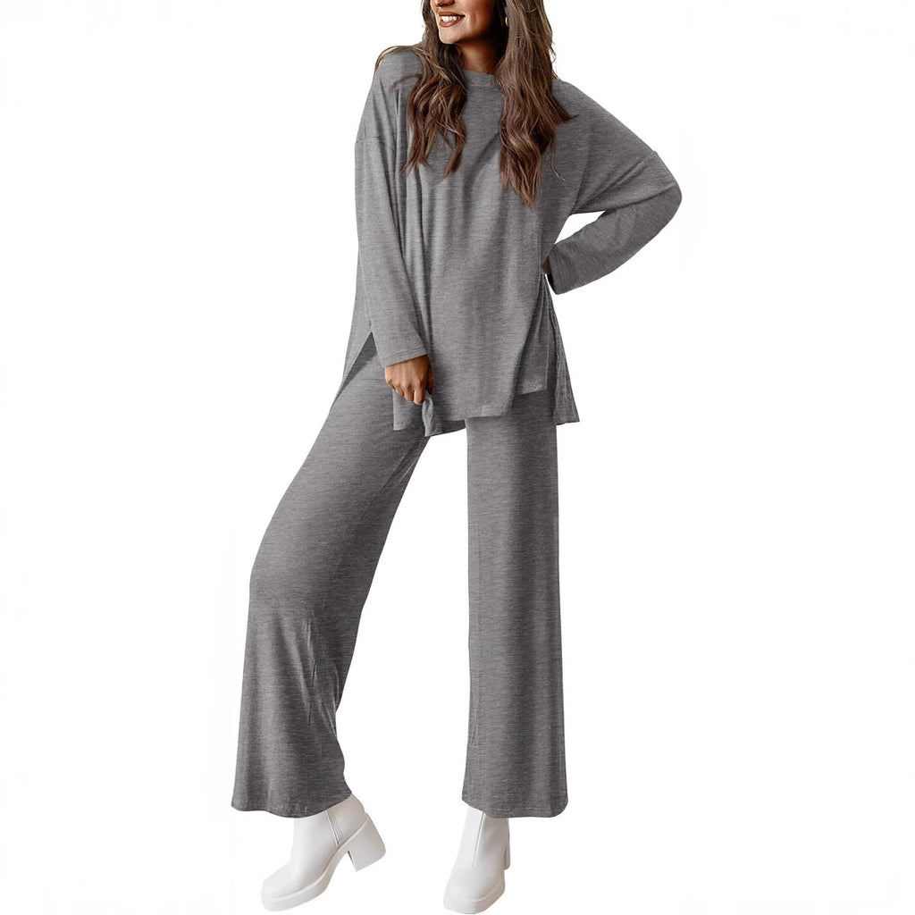 Women's Knitted Casual Solid Color Suit with Pants
