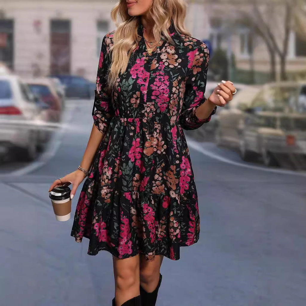 Elegant Black Printed Pullover Shirt Dress for Women