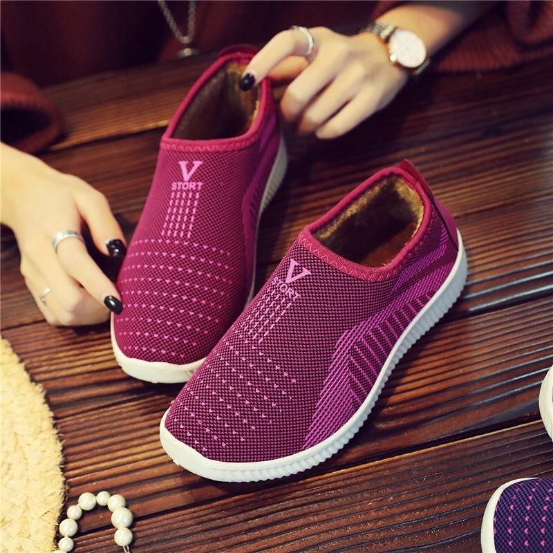 Chaussures d'hiver en coton et maille, doublées de velours, pour femmes