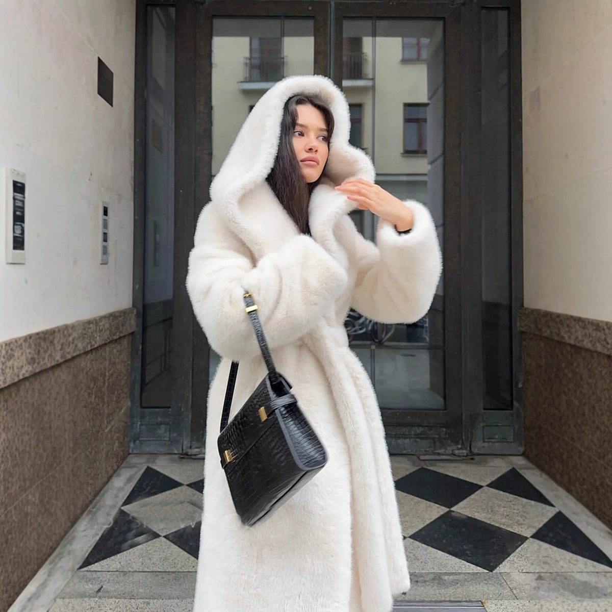 Long Hooded Artificial Fur Coat for Women in White, Black & Brown