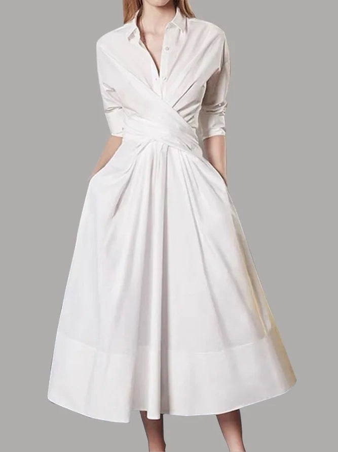 Polo Collar Solid Color Mid-Length Dress with Zipper