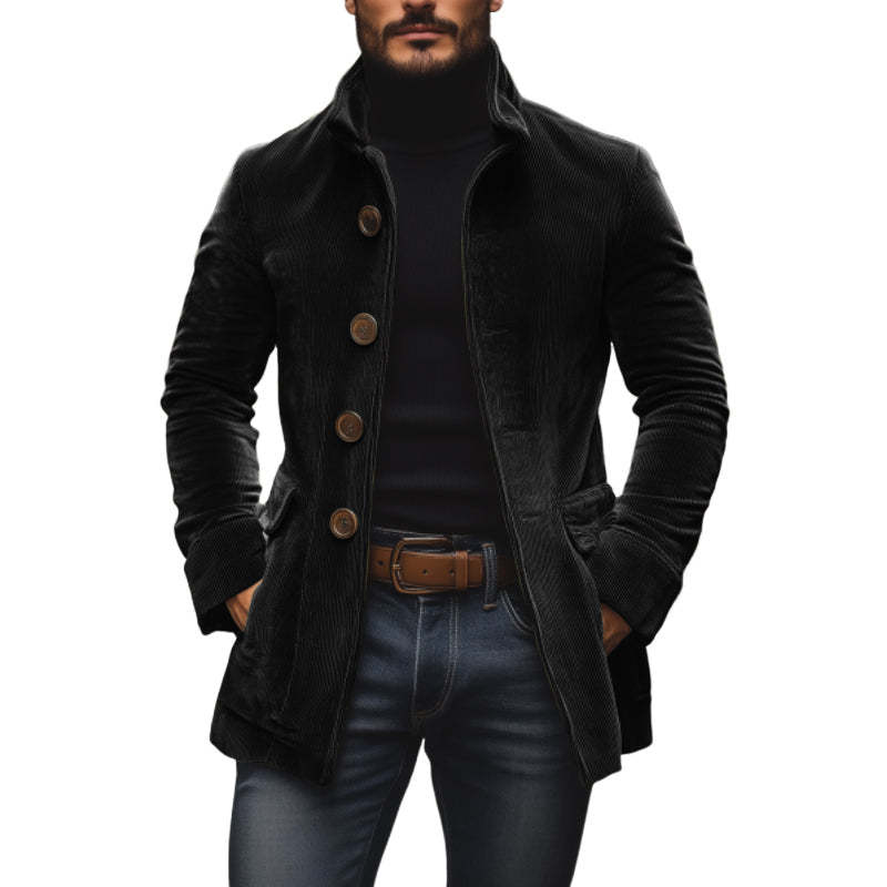 Men's Slim Fit Corduroy Winter Jacket Stand Collar Button-Up Coat