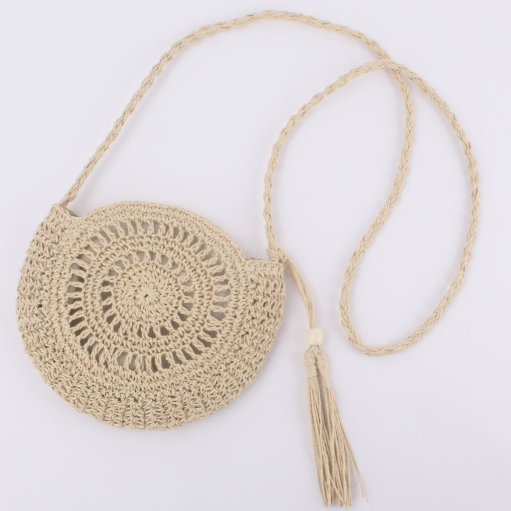 Sac bandoulière rond tressé en paille avec pompon, crocheté à la main pour femme, 26x23cm