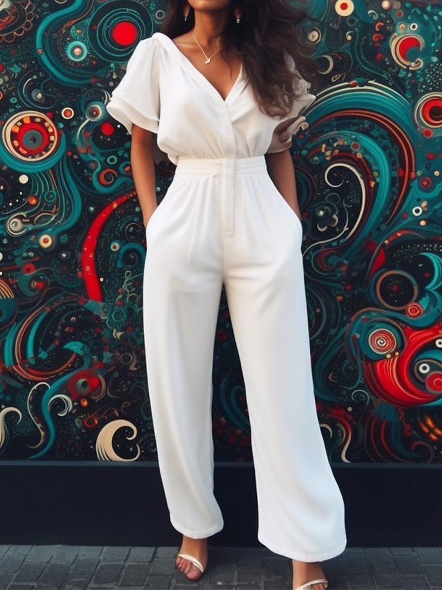 Women's Short-Sleeve V-Neck Jumpsuit in Black, White, Blue & Green