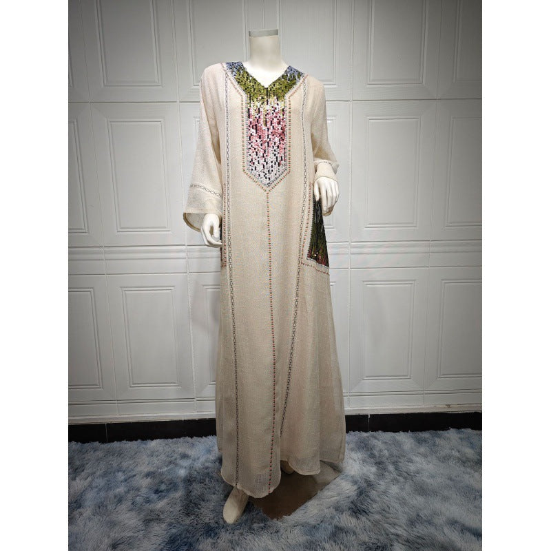V-Neck Embroidered Sequin Arabian Women's Loose Dress