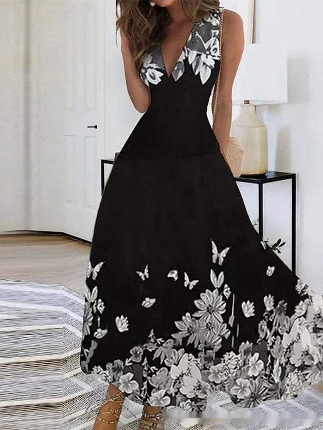 Spring Summer V-Neck Sleeveless Waist-Controlled A-Line Dress