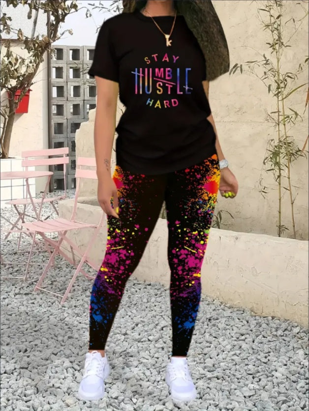 Women's Alphabet Print Round Neck T-Shirt & Leggings Set