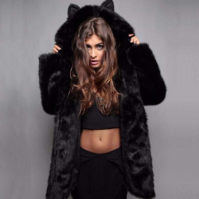 Gray & Black Hooded Rabbit Ears Coat in S-XXXL Artificial Fur