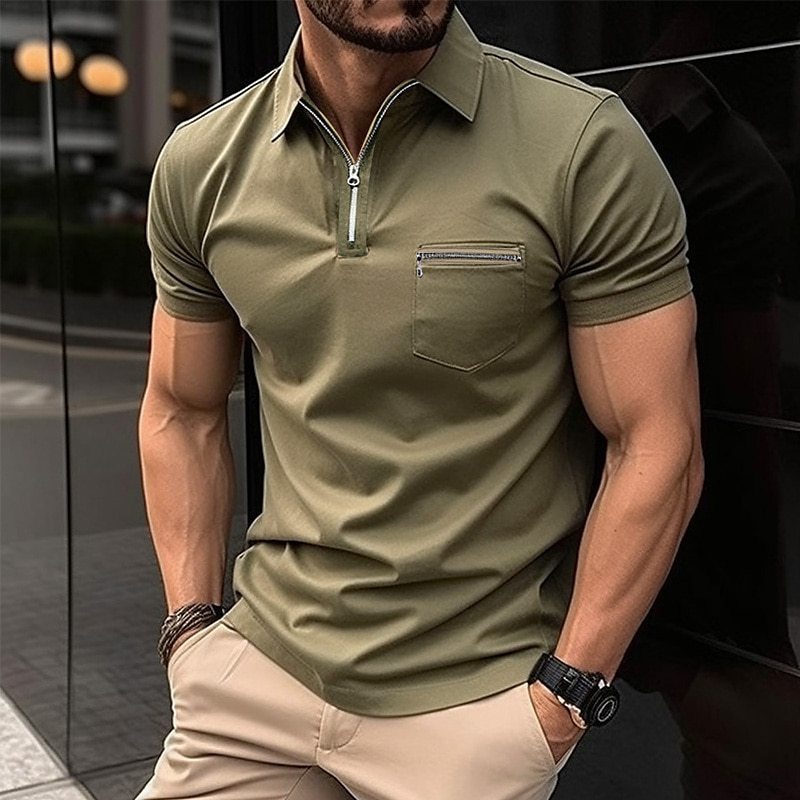 Men's Loose Fit Sports Polo Shirt with Zipper Pocket