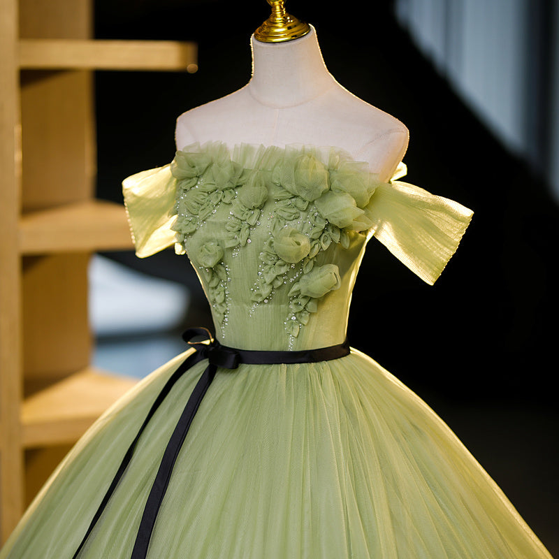 Ladies Retro Green Embroidered Bridal Toast Dress Mid-Waist