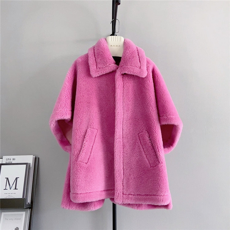 Manteau en laine mi-long ample chauve-souris pour femme avec fourrure d'agneau