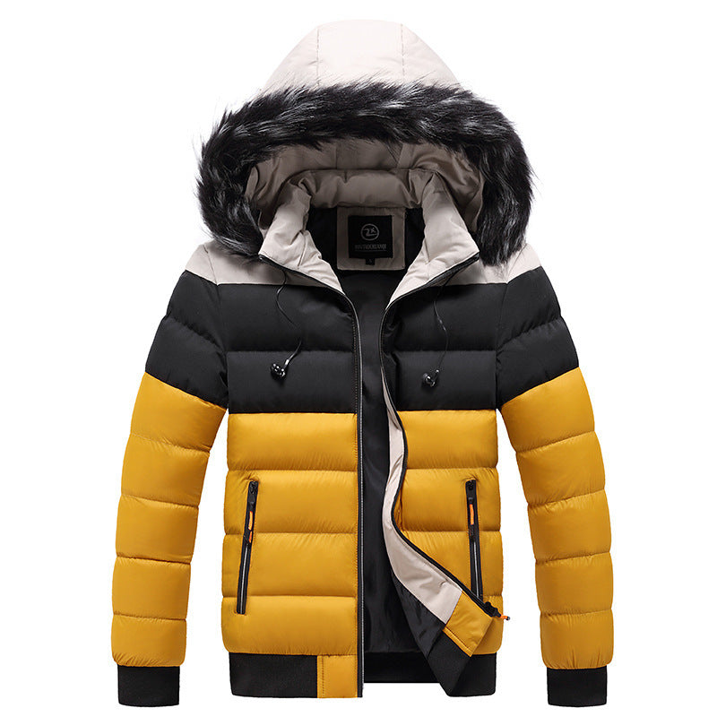Splicing Hooded Thickened Cotton Down Jacket with Zipper