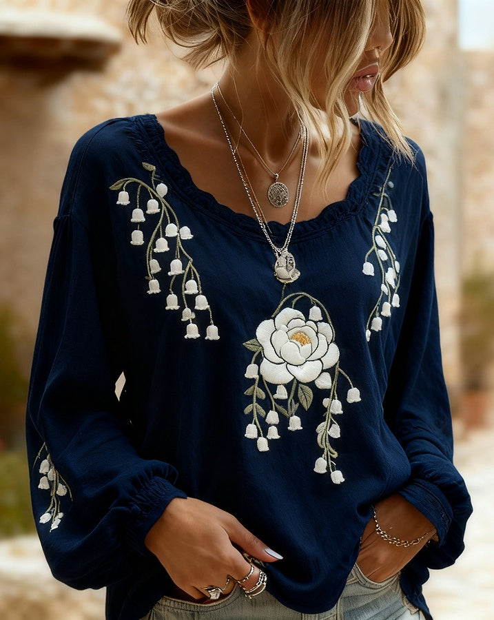 Women's Bohemian Style V-Neck Long Sleeve Shirt - Loose Printed Top